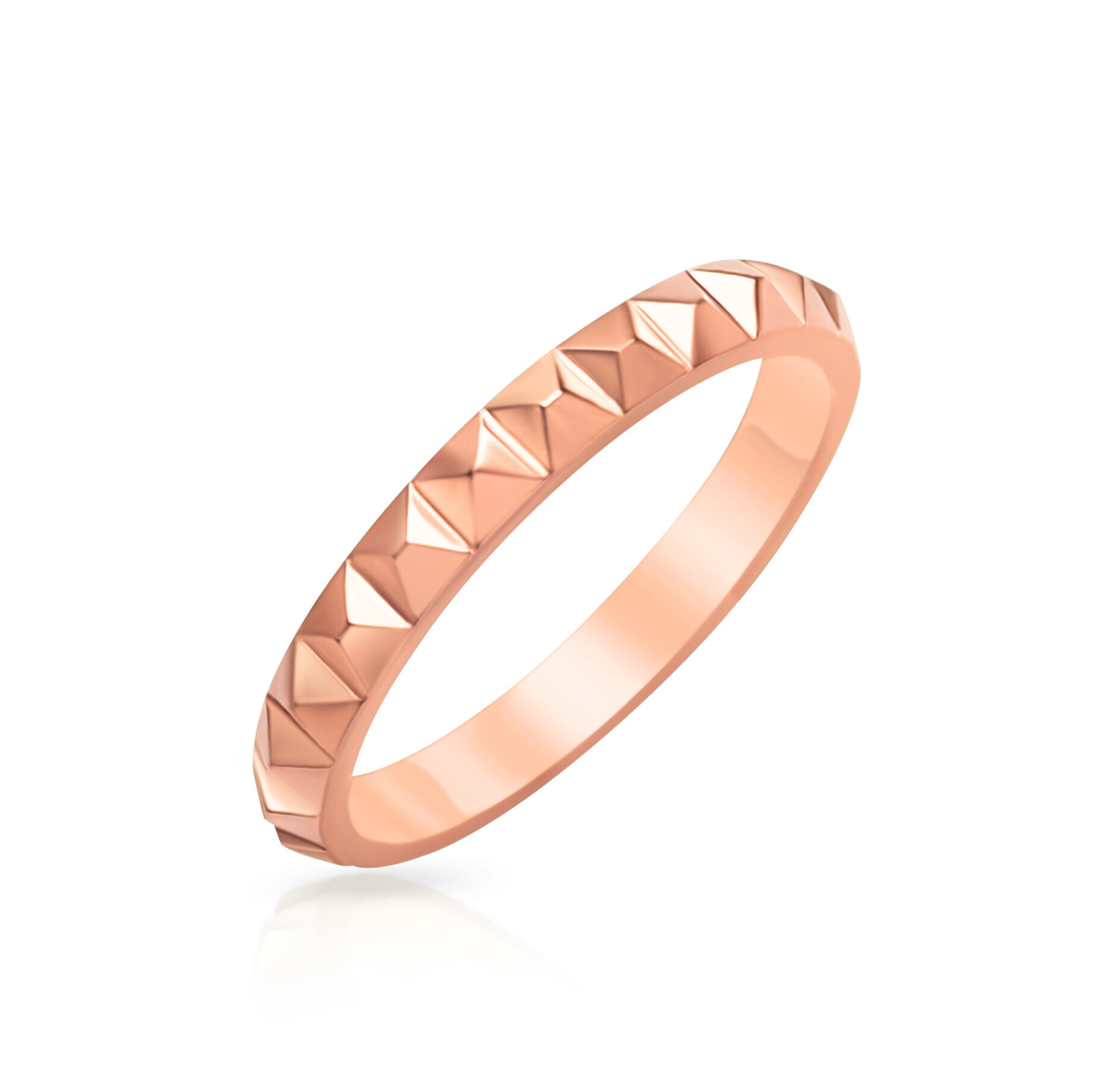 Rose gold ring with pyramid texture on a white background