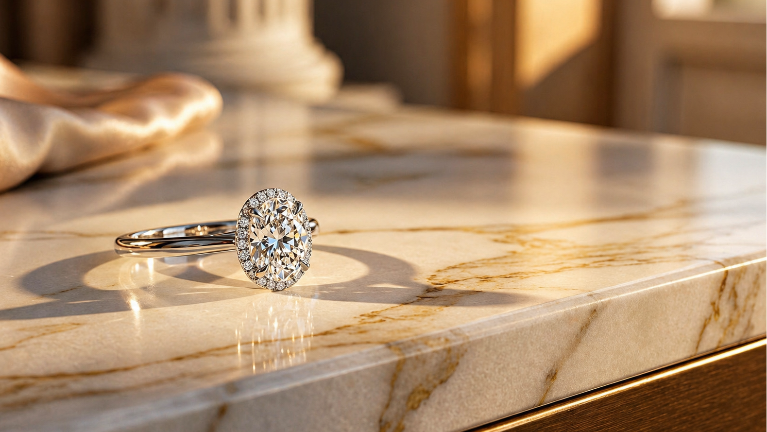 Diamond ring on a marble surface with a blurred background